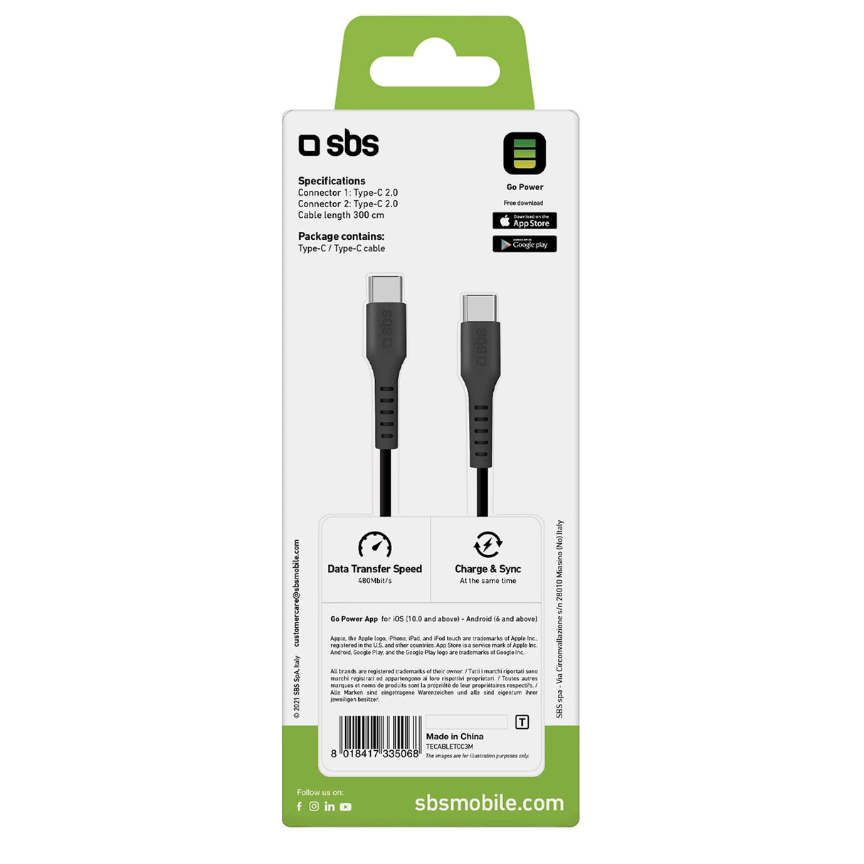SBS TECABLETCC3M USB-C - USB-C 3m Kabel - sort