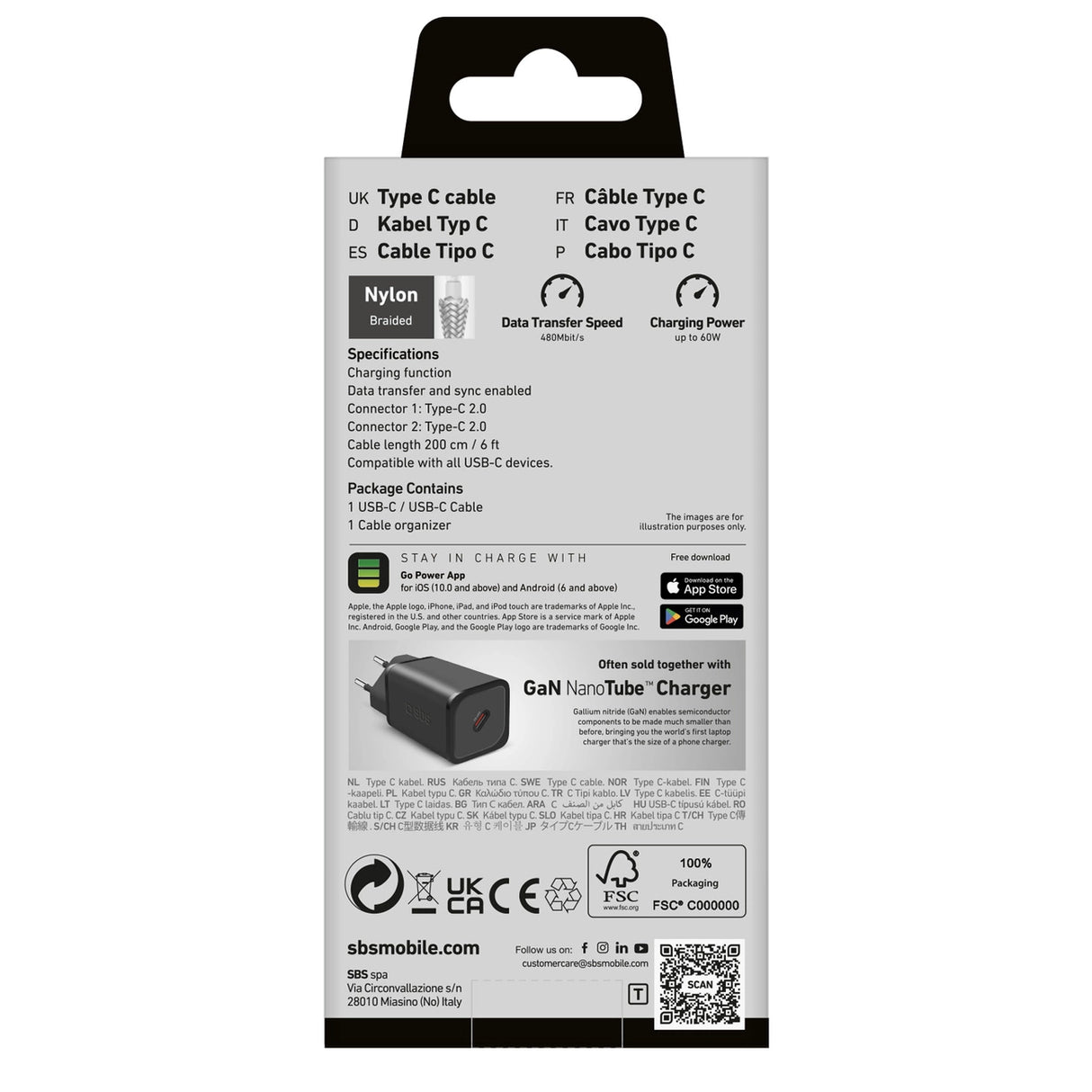 SBS TECABLETISSUETCC2G Kabel 2 x USB-C 2m 60W med strømforsyning - Grå