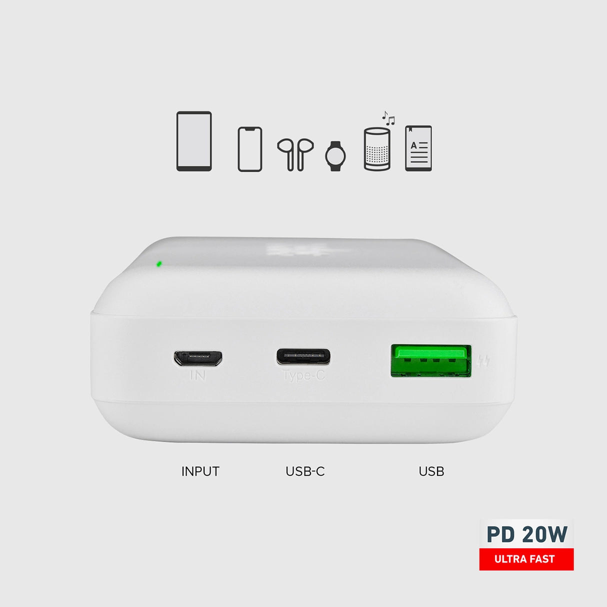 Powerbank SBS TTBB20000PD20W 20000 mAh 20W Power Delivery med MicroUSB, USB-C, USB-A - hvid