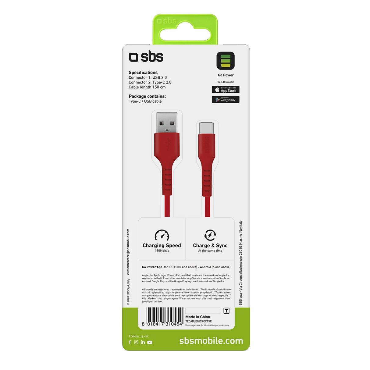 SBS TECLEMICROC15R USB-A - USB-C Kabel 1,5 m - Rød