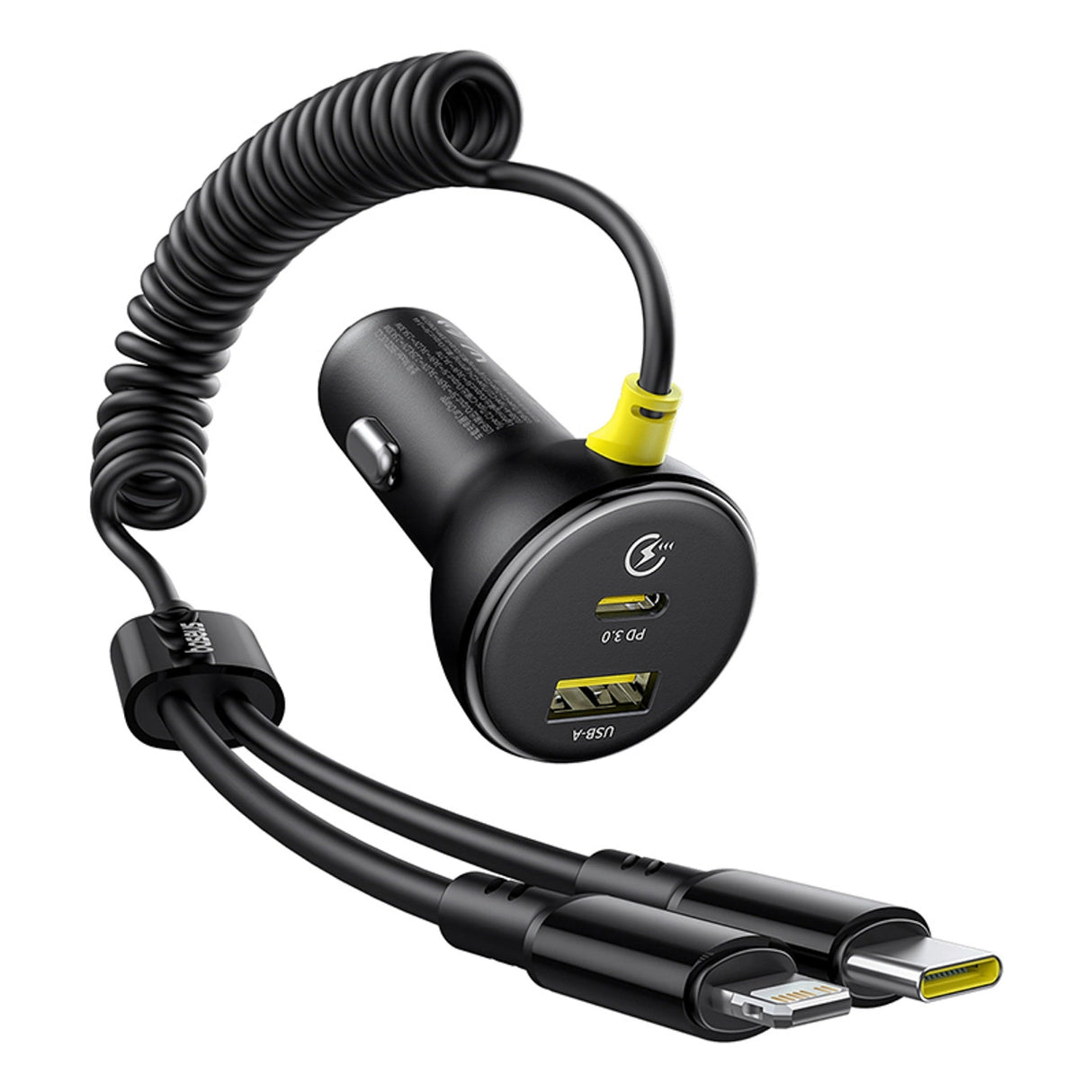 Baseus Circular 60W USB-A + USB-C Biloplader med indbygget Lightning + USB-C Kabel 1,4 m - sort