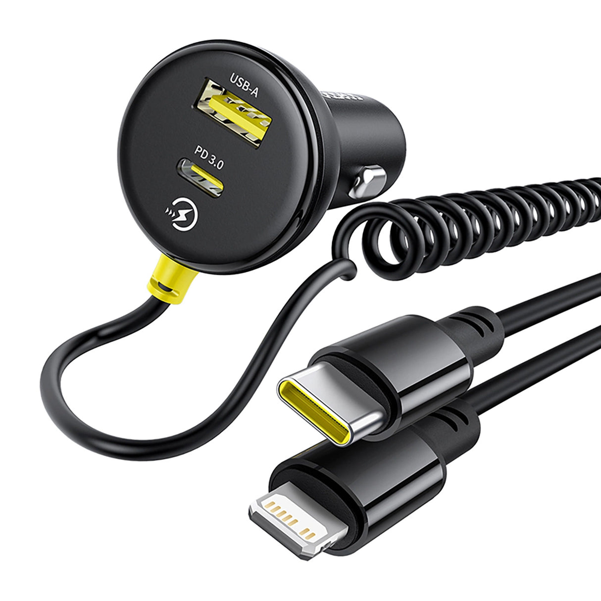 Baseus Circular 60W USB-A + USB-C Biloplader med indbygget Lightning + USB-C Kabel 1,4 m - sort
