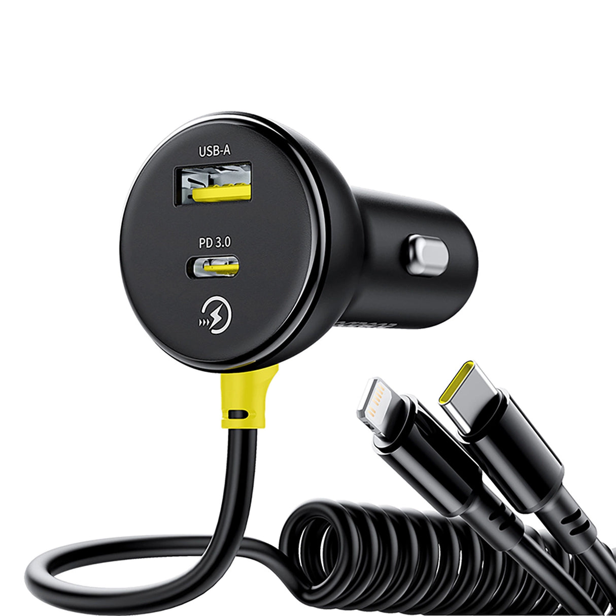 Baseus Circular 60W USB-A + USB-C Biloplader med indbygget Lightning + USB-C Kabel 1,4 m - sort