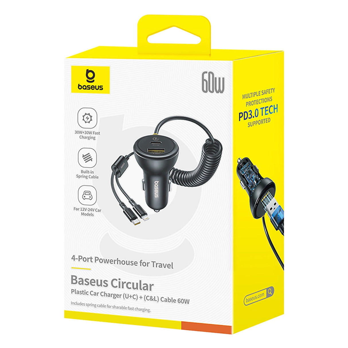 Baseus Circular 60W USB-A + USB-C Biloplader med indbygget Lightning + USB-C Kabel 1,4 m - sort