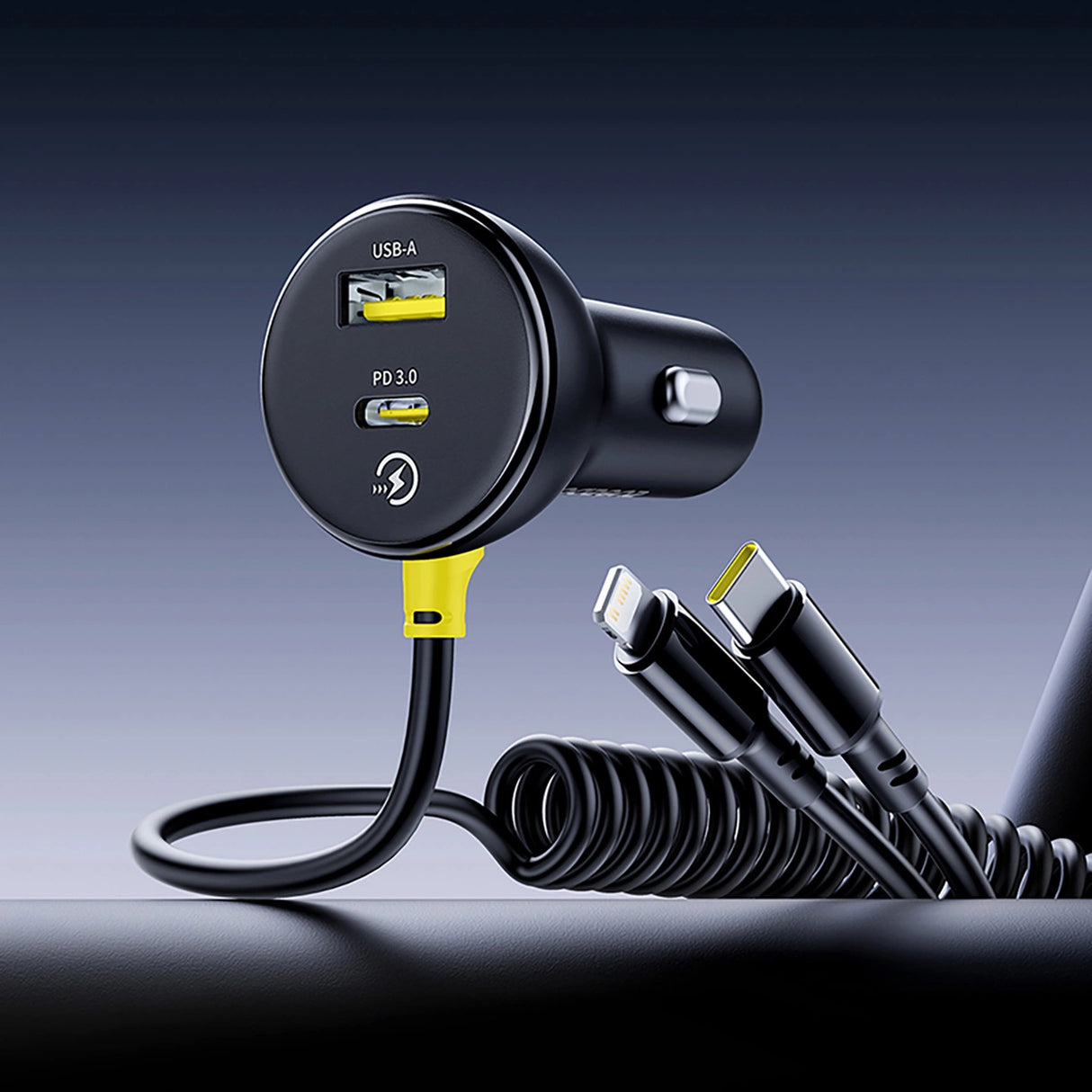 Baseus Circular 60W USB-A + USB-C Biloplader med indbygget Lightning + USB-C Kabel 1,4 m - sort