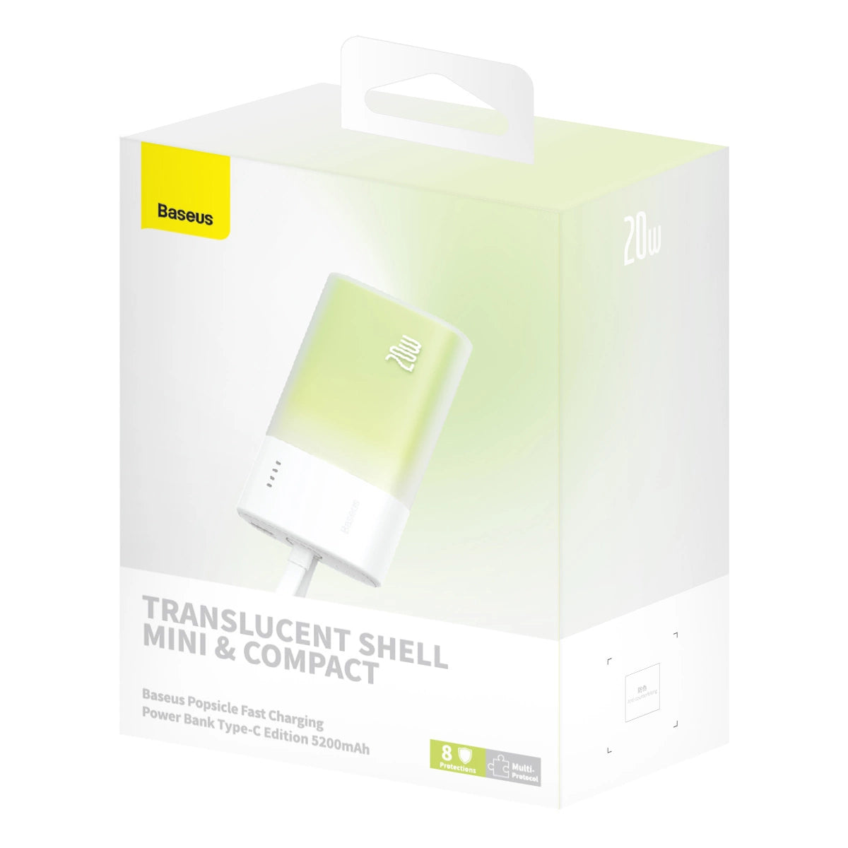 Baseus Popsicle 5200mAh 20W Powerbank med indbygget lynkabel (+ hvid Baseus Simple USB-C - USB-C 60W / 20V / 3A / 30cm kabel) - hvid-grøn