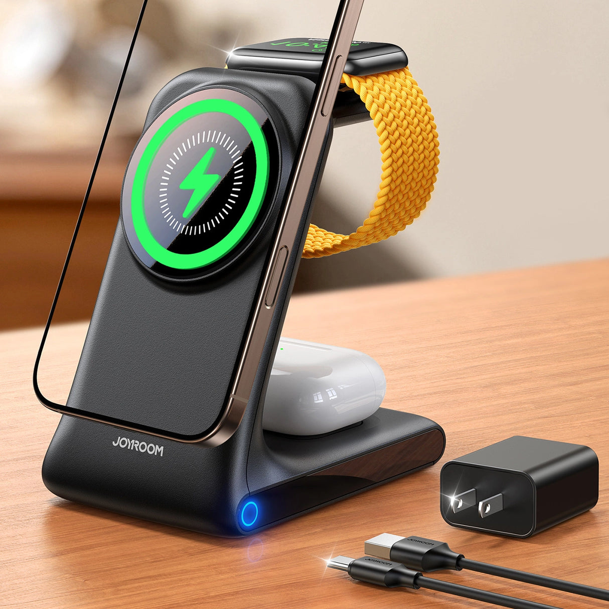 Joyroom JR-W15 trådløs oplader 3 i 1 opladningsplads med MagSafe - sort