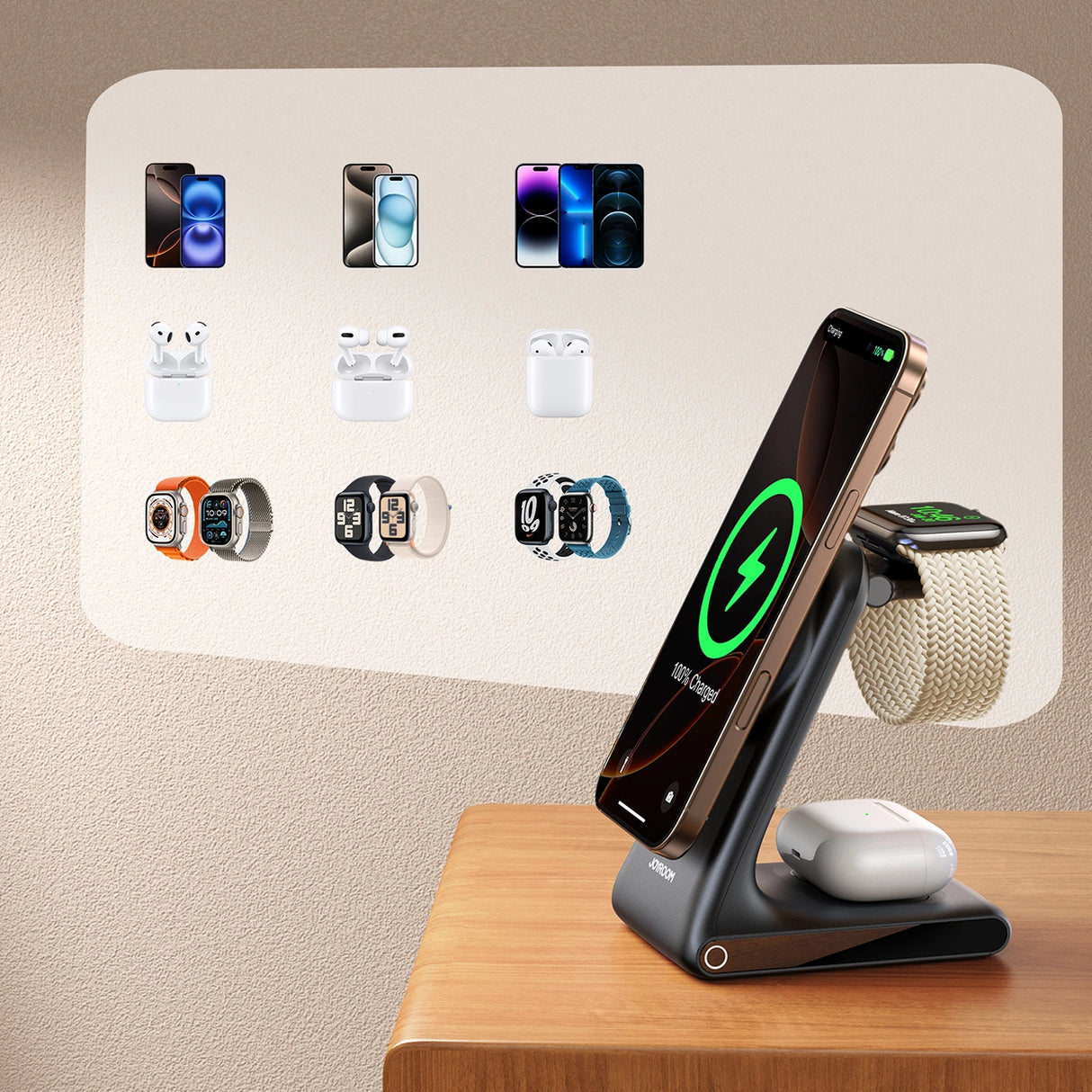 Joyroom JR-W15 trådløs oplader 3 i 1 opladningsplads med MagSafe - sort