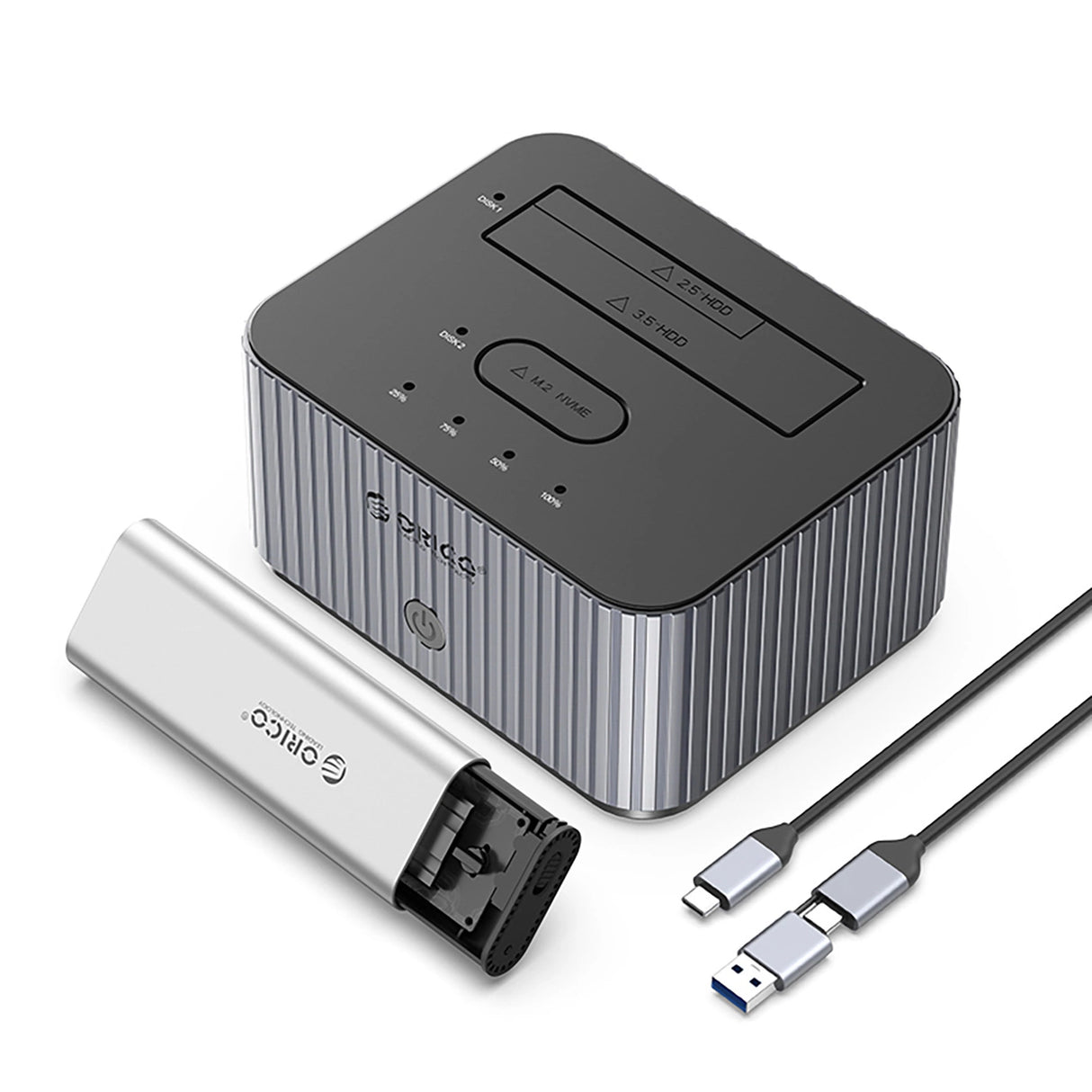 Orico IT28E-C 2-Disk Docking Station med M.2 NVME 2.5"/3.5 HDD/2.5" SSD Klonfunktion - Grå
