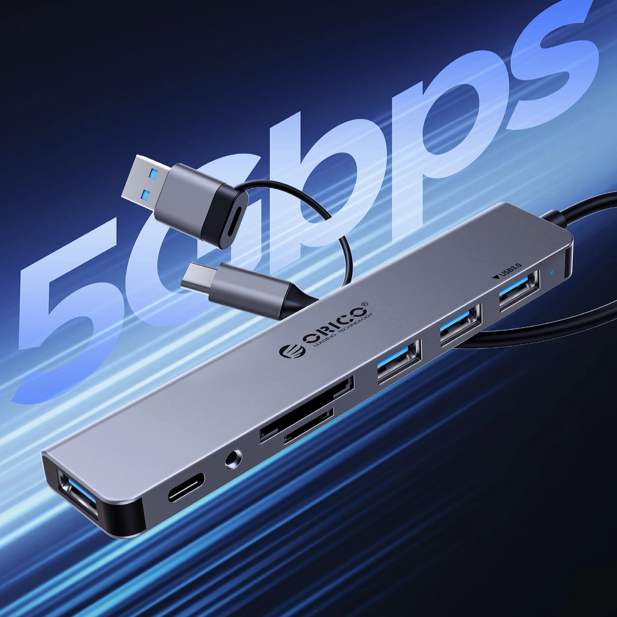 Orico YSA7-U3 USB-A/USB-C Hub Docking Station 4x USB-A 2.0 + 1x USB-A 3.0 + 2x USB-C 2.0 - Grå