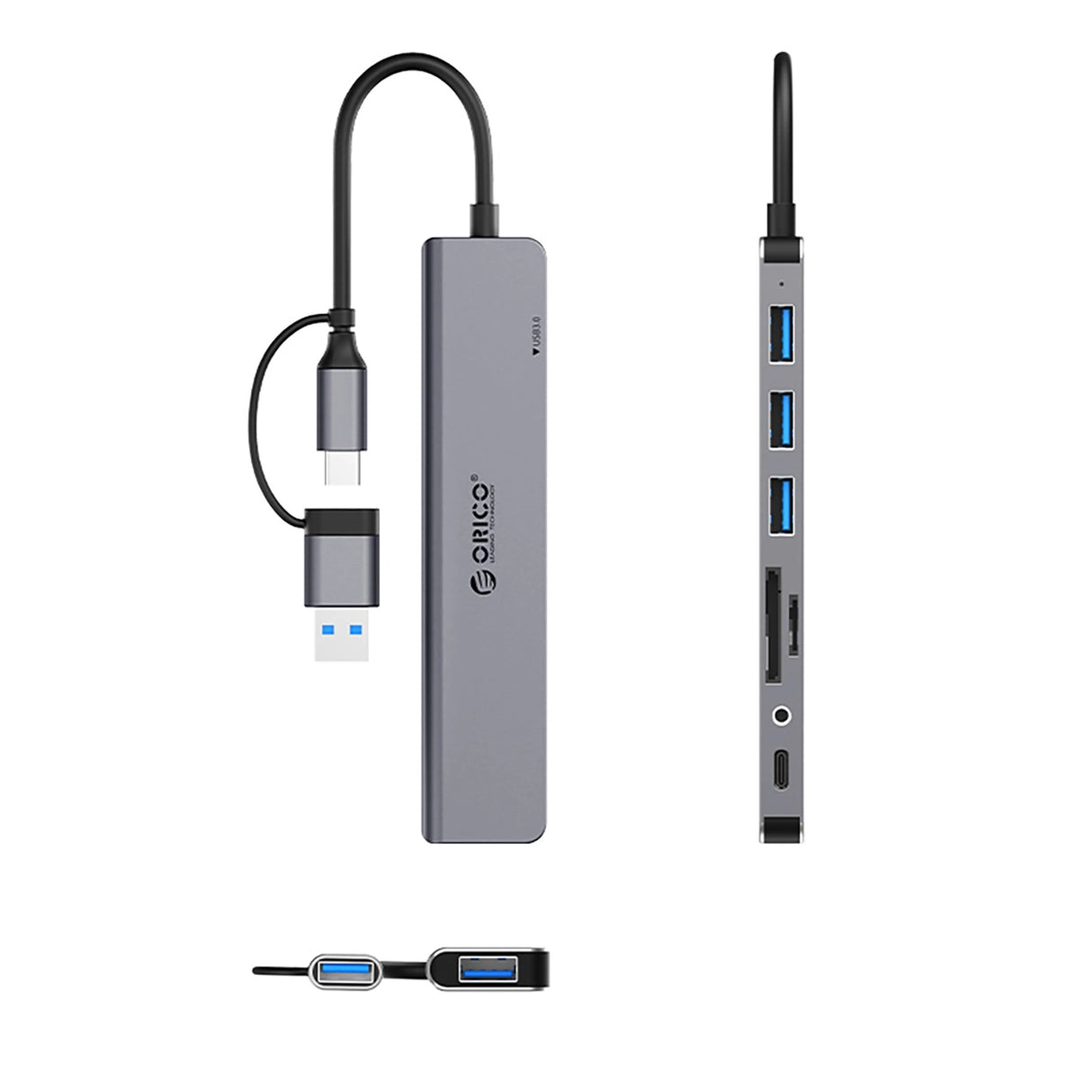 Orico YSA8-U3 USB-A/USB-C Hub Docking Station 3x USB-A 2.0 + 1x USB-A 3.0 + 1x USB-C 2.0 + 1x 3.5mm Audio + 2x TF&SD - Grå
