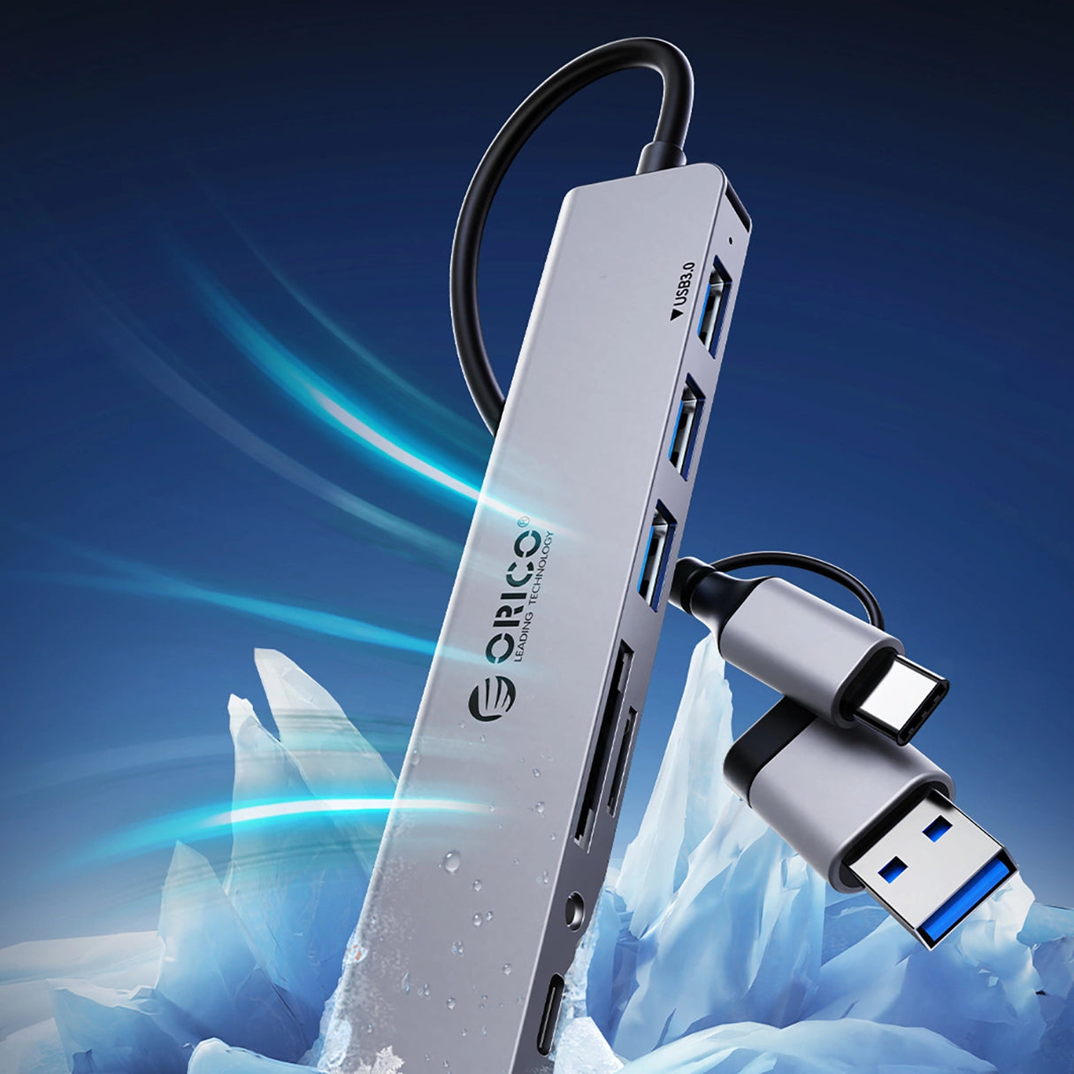 Orico YSA8-U3 USB-A/USB-C Hub Docking Station 3x USB-A 2.0 + 1x USB-A 3.0 + 1x USB-C 2.0 + 1x 3.5mm Audio + 2x TF&SD - Grå