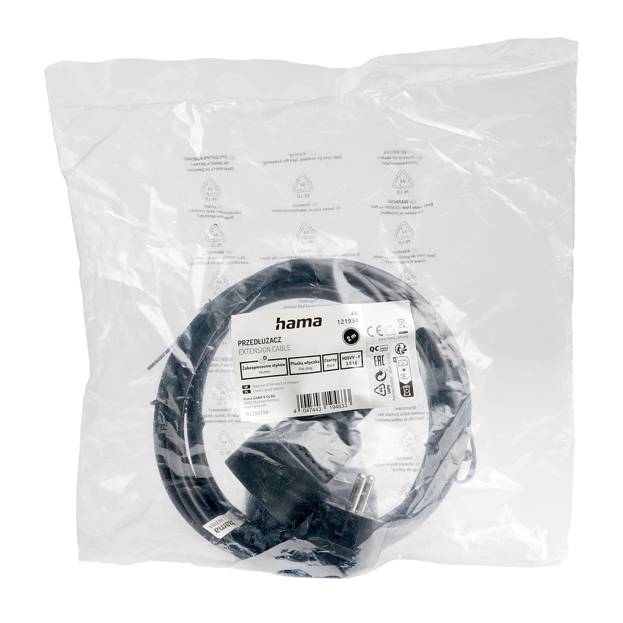 Hama standard 2m forlængerledning - sort