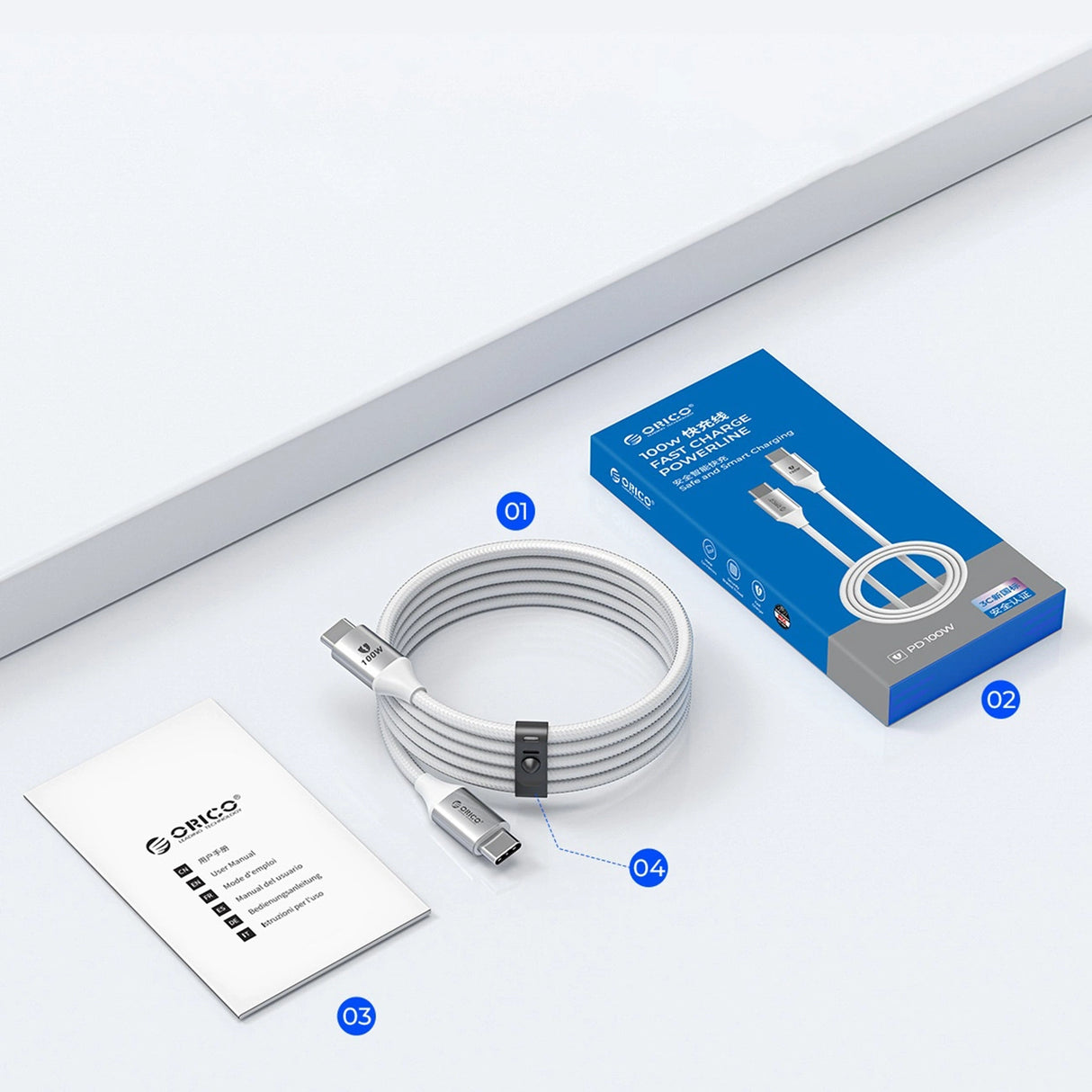 Orico CDX 60W 3A Power Delivery USB-C - USB-C 1m Kabel - Hvid