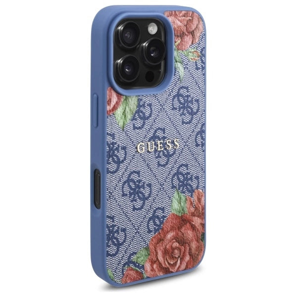 Guess 4G Flowers Print MagSafe-hylster til iPhone 16 Pro - blå