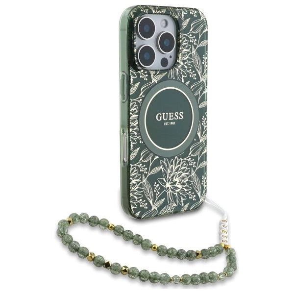 Guess IML Flowers Allover Electro med Perle Strap MagSafe-foder for iPhone 16 Pro Max - grøn