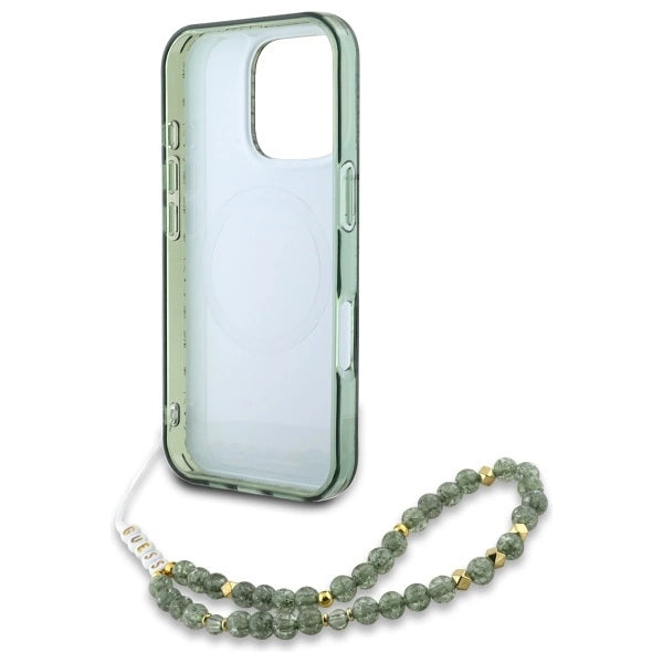 Guess IML Flowers Allover Electro med Perle Strap MagSafe-foder for iPhone 16 Pro Max - grøn