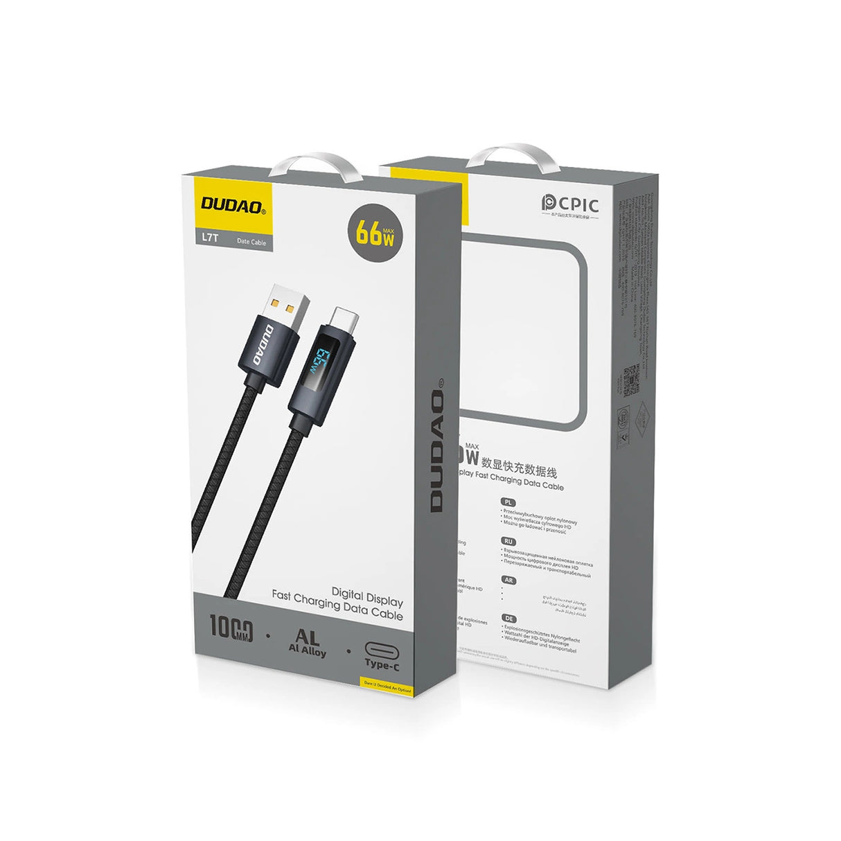 Dudao L7T USB-A - USB-C 66W Kabel med LED-display 1m - sort