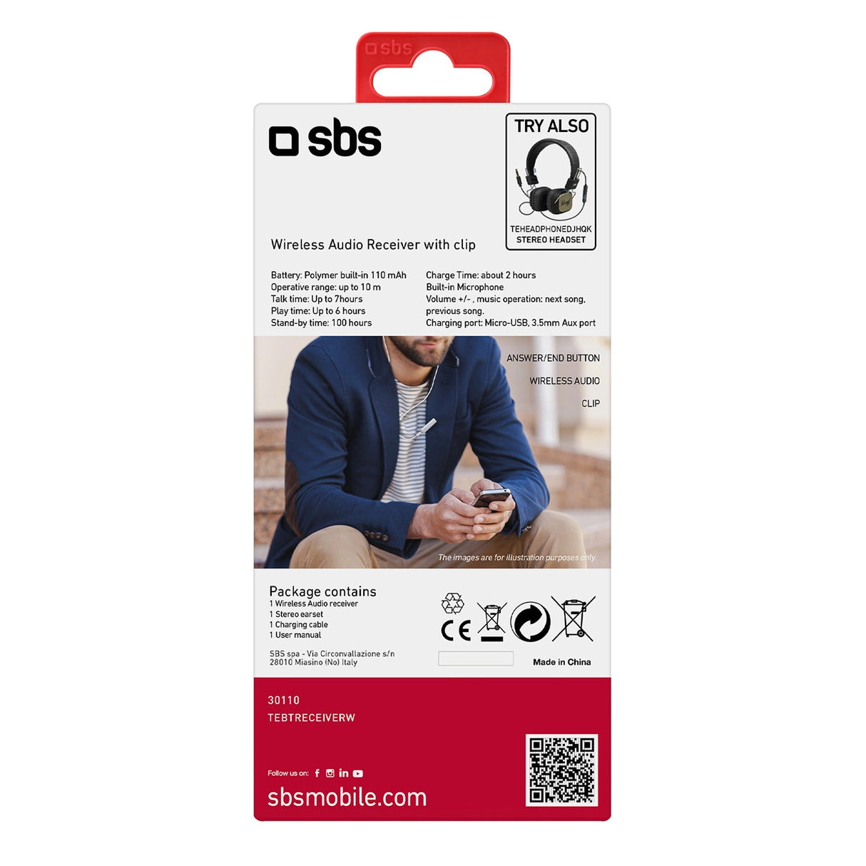 Bluetooth-adapter SBS TEBTRECEIVERW trådløs modtager med stereosæt - grå