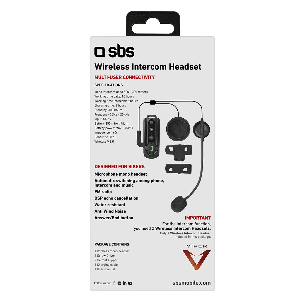 SBS TEMOTOINTERCOMK trådløs motorcykel intercom - sort