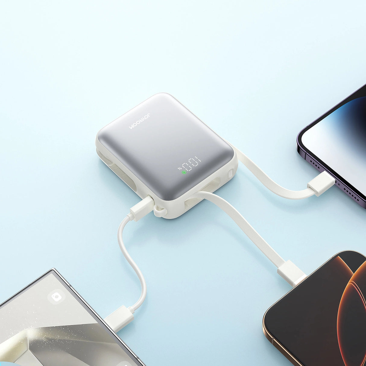 Joyroom JR-PBF27 10000mAh 22.5W Powerbank med indbygget USB-C og Lightning-kabler - hvid