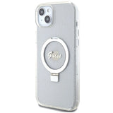 Guess GUHMP15MHRSGSD iPhone 15 Plus / 14 Plus 6.7" gennemsigtige/gennemsigtige hardcase Ring Stand Script Glitter MagSafe
