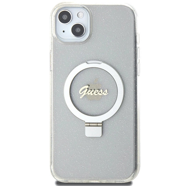 Guess GUHMP15MHRSGSD iPhone 15 Plus / 14 Plus 6.7" gennemsigtige/gennemsigtige hardcase Ring Stand Script Glitter MagSafe