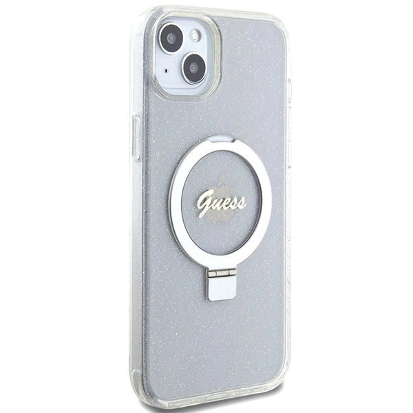 Guess GUHMP15MHRSGSD iPhone 15 Plus / 14 Plus 6.7" gennemsigtige/gennemsigtige hardcase Ring Stand Script Glitter MagSafe