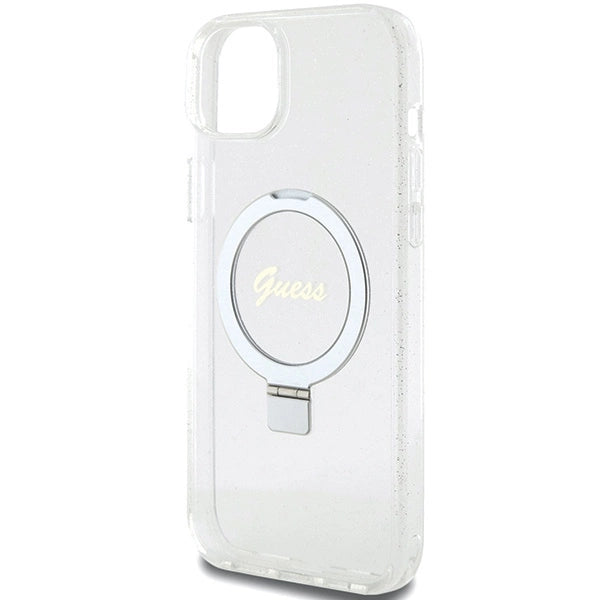 Guess GUHMP15MHRSGSD iPhone 15 Plus / 14 Plus 6.7" gennemsigtige/gennemsigtige hardcase Ring Stand Script Glitter MagSafe