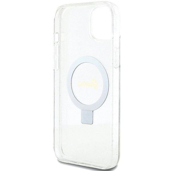Guess GUHMP15MHRSGSD iPhone 15 Plus / 14 Plus 6.7" gennemsigtige/gennemsigtige hardcase Ring Stand Script Glitter MagSafe