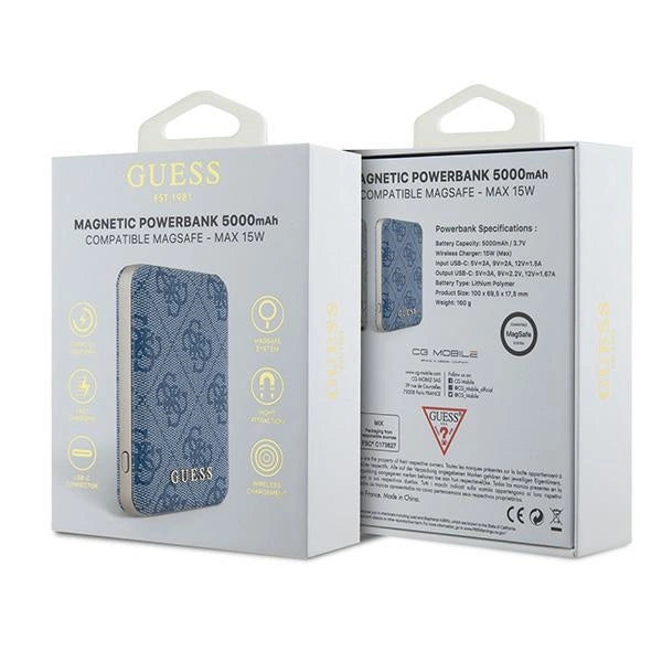 Guess Powerbank induktiv 15W GUPB5FP4EMGB 5000mAh blå/blå 4G Læder Metal Logo MagSafe