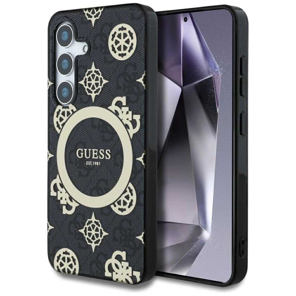 Guess 4G Baggrund Guld Elektrobelagt Peony mønster MagSafe-hylster til Samsung Galaxy S25 sort