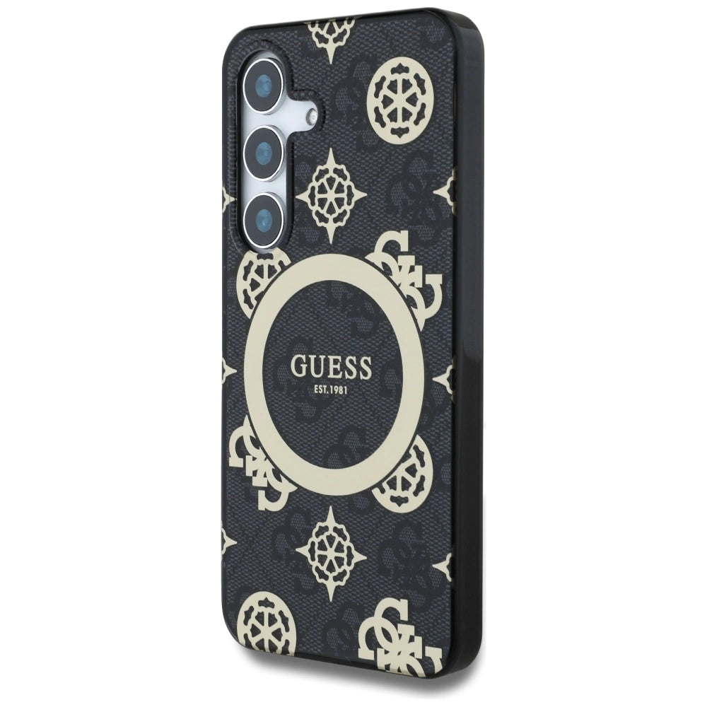 Guess 4G Baggrund Guld Elektrobelagt Peony mønster MagSafe-hylster til Samsung Galaxy S25 sort