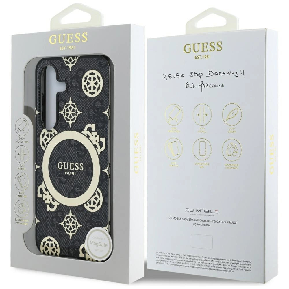 Guess 4G Baggrund Guld Elektrobelagt Peony mønster MagSafe-hylster til Samsung Galaxy S25 sort