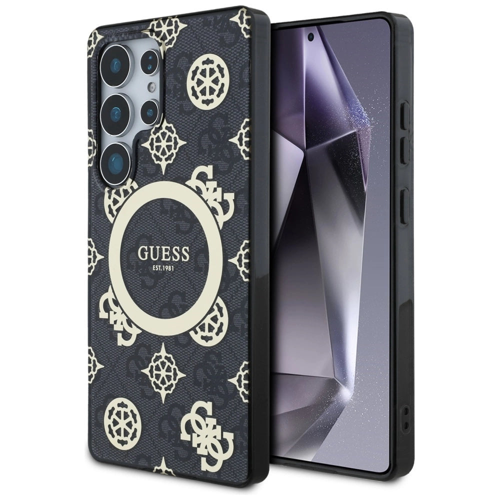 Guess 4G Baggrund Guld Elektrobelagt Peony mønster MagSafe Case til Samsung Galaxy S25 Ultra Black