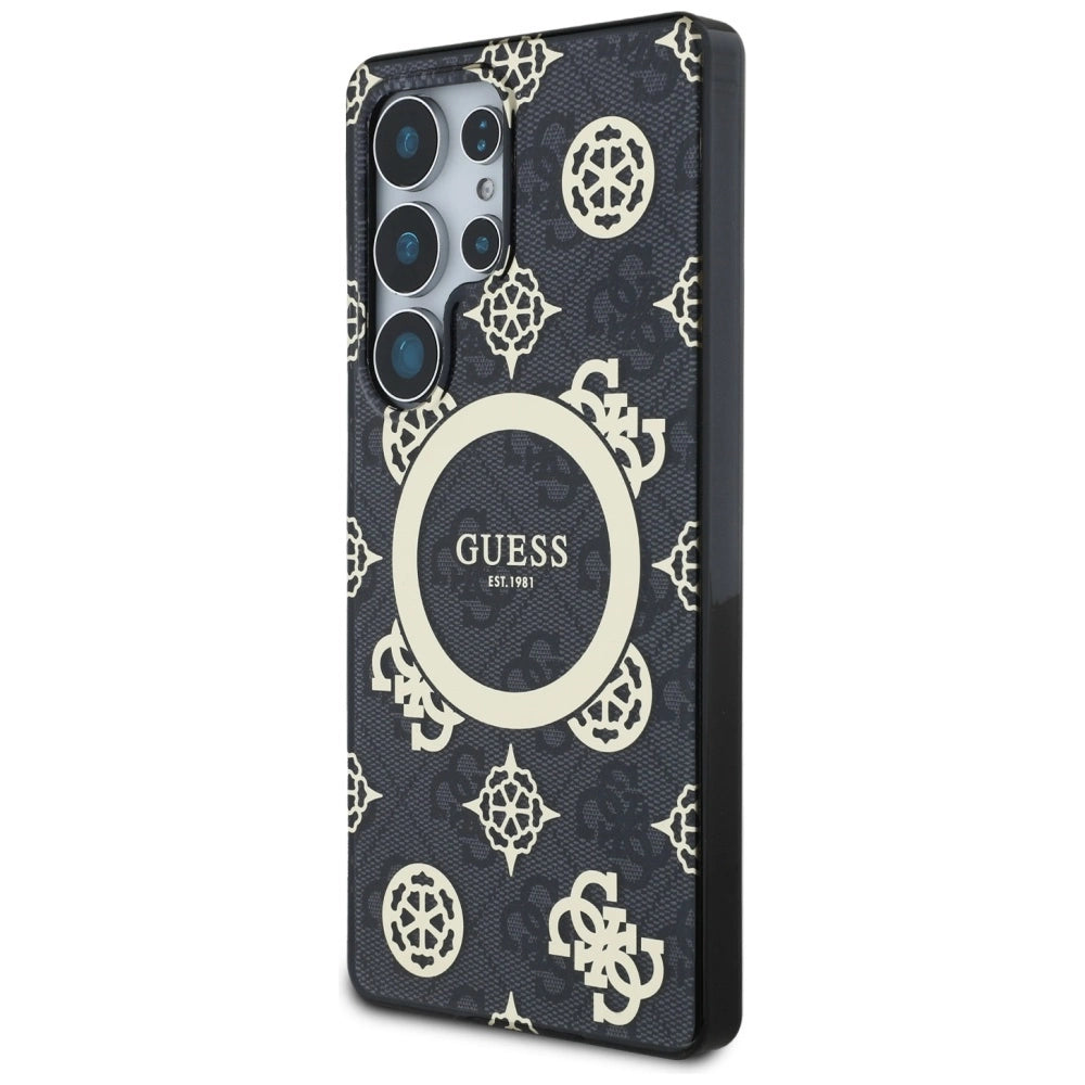 Guess 4G Baggrund Guld Elektrobelagt Peony mønster MagSafe Case til Samsung Galaxy S25 Ultra Black