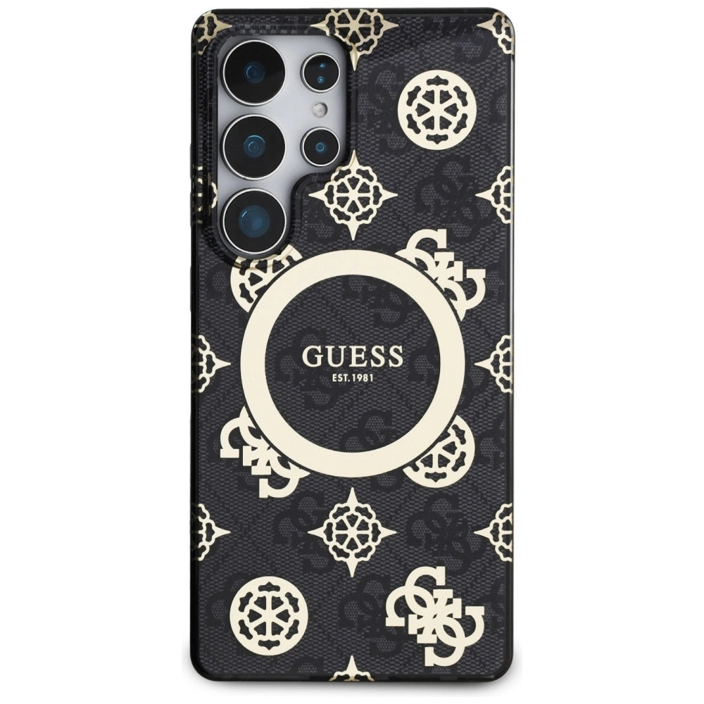 Guess 4G Baggrund Guld Elektrobelagt Peony mønster MagSafe Case til Samsung Galaxy S25 Ultra Black