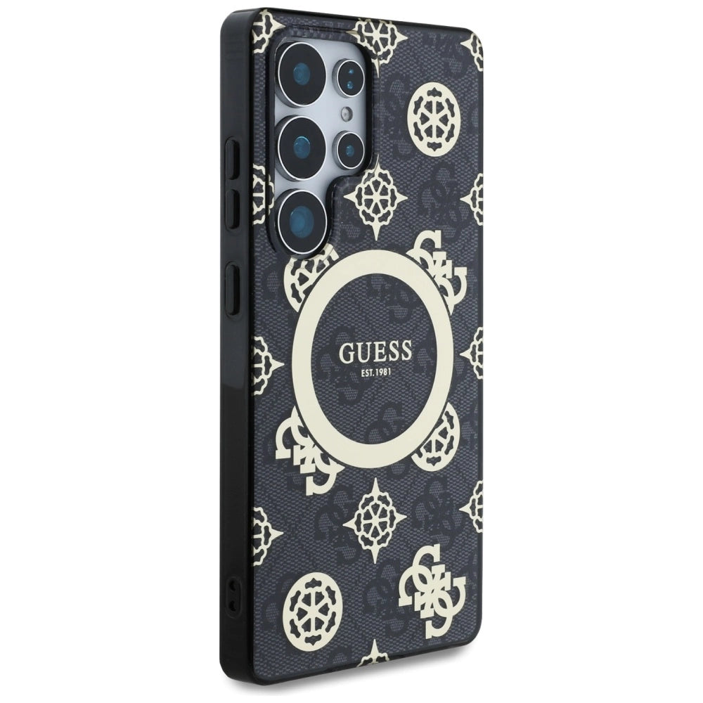 Guess 4G Baggrund Guld Elektrobelagt Peony mønster MagSafe Case til Samsung Galaxy S25 Ultra Black