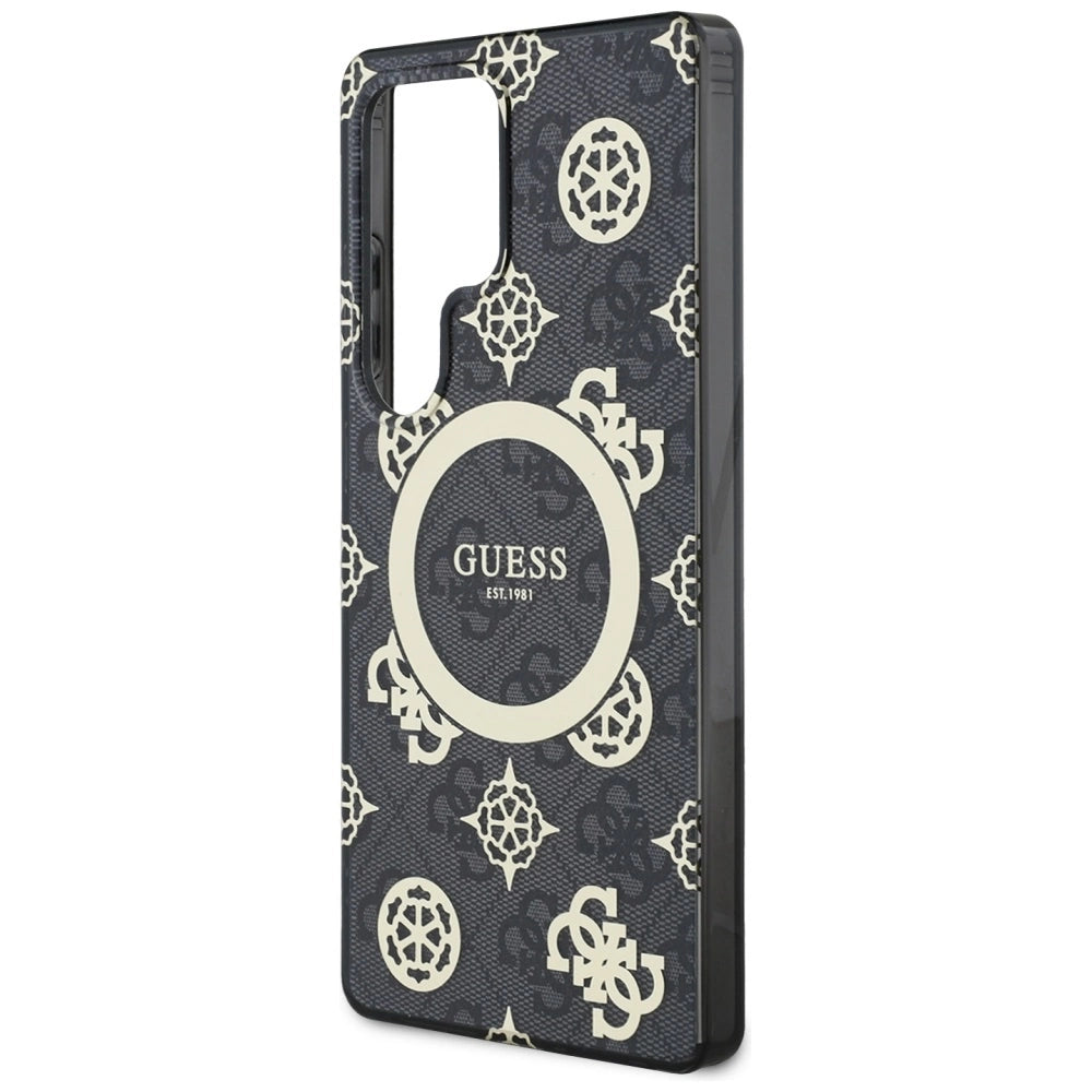 Guess 4G Baggrund Guld Elektrobelagt Peony mønster MagSafe Case til Samsung Galaxy S25 Ultra Black