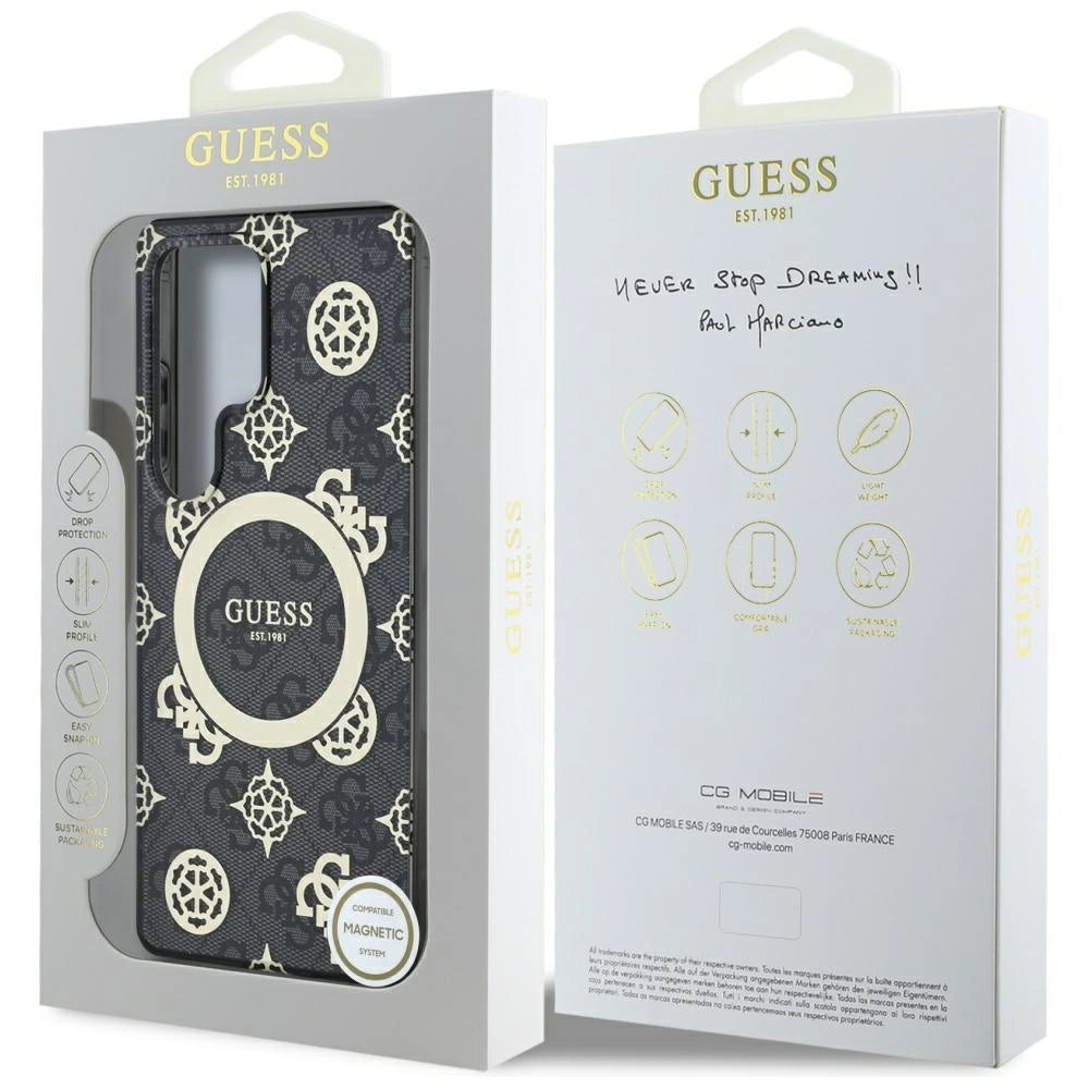 Guess 4G Baggrund Guld Elektrobelagt Peony mønster MagSafe Case til Samsung Galaxy S25 Ultra Black