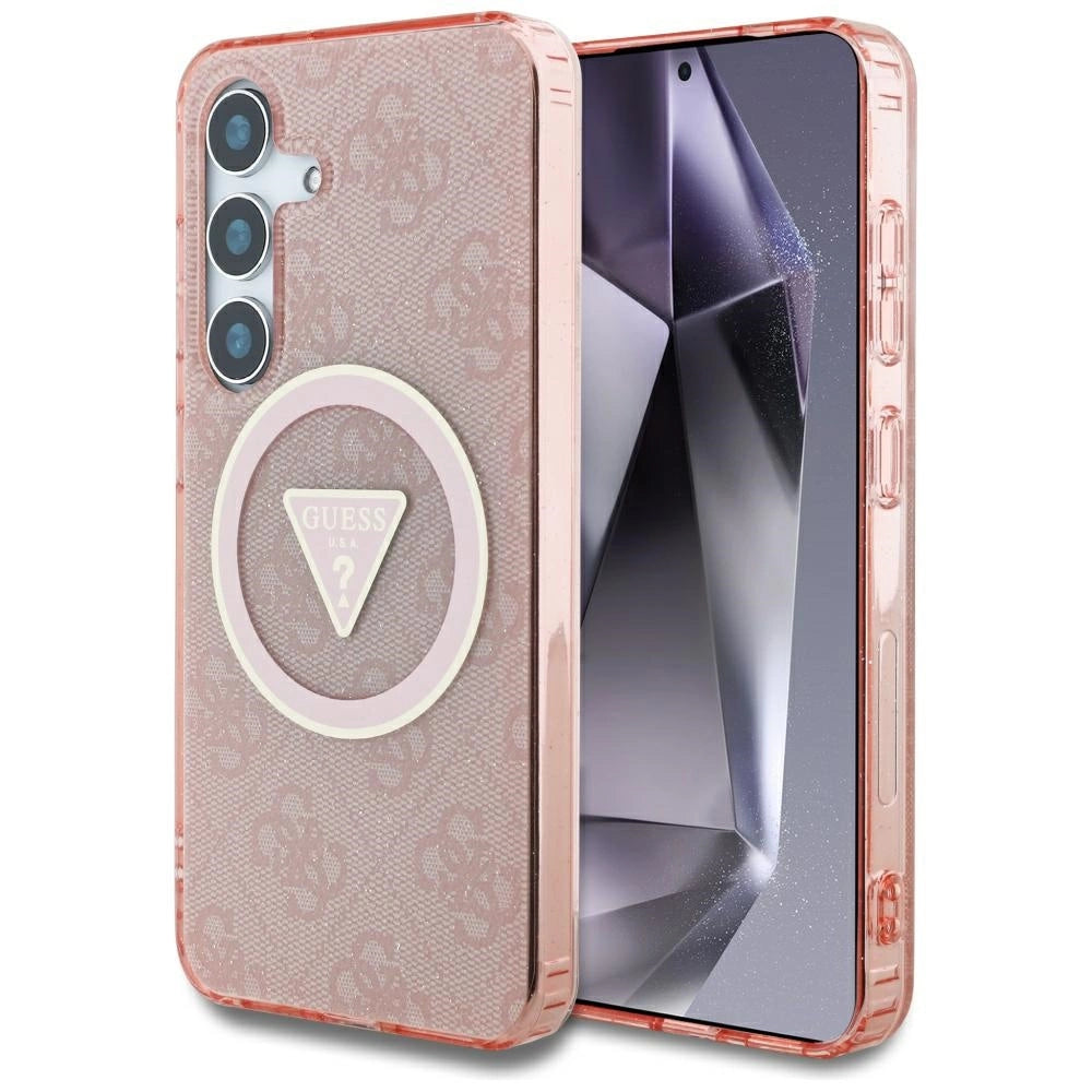 Guess 4G Glitter Triangle Buttons MagSafe Case til Samsung Galaxy S25 Pink
