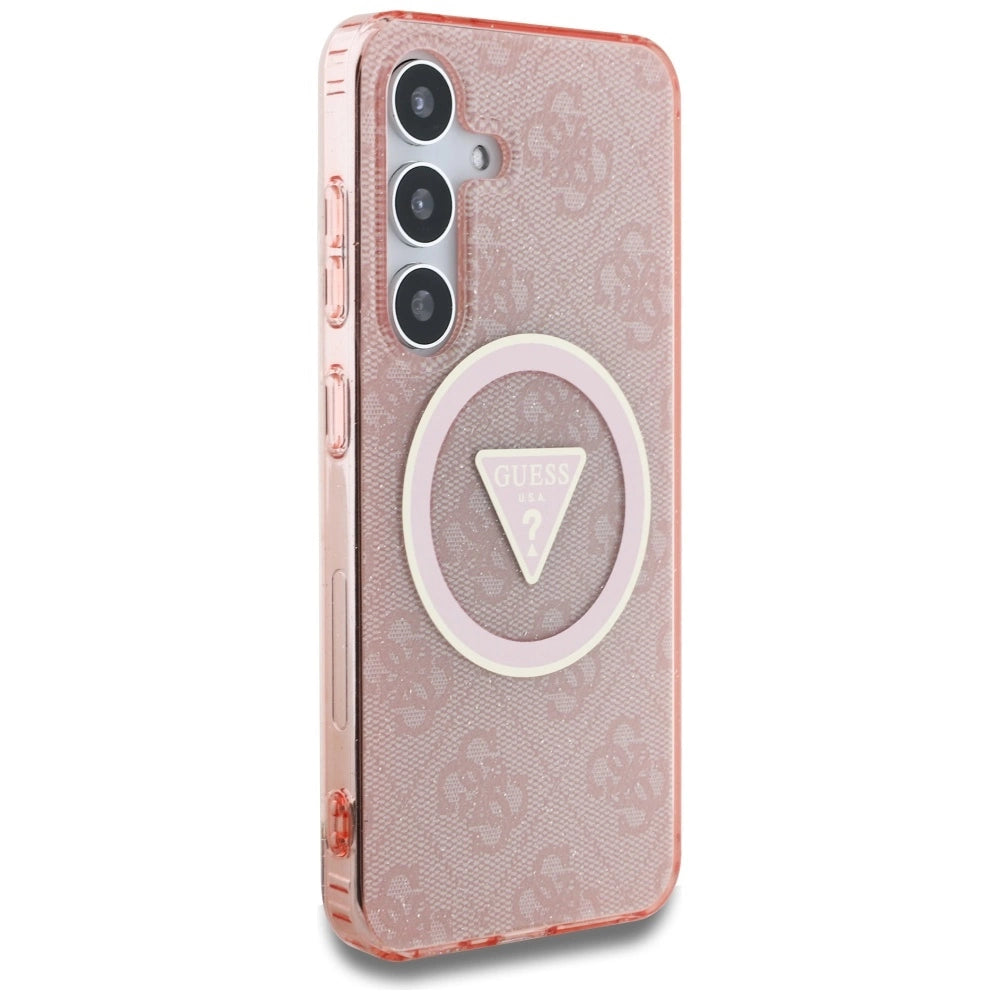 Guess 4G Glitter Triangle Buttons MagSafe Case til Samsung Galaxy S25 Pink