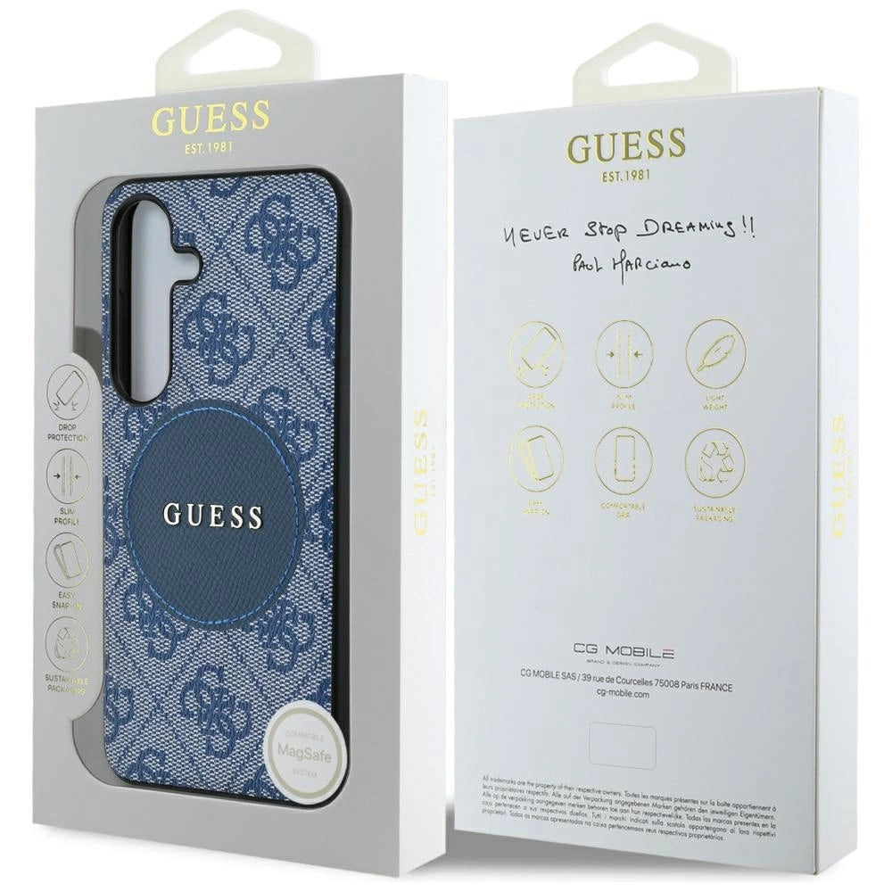 Guess 4G Round Patch Classic Logo MagSafe-hylster til Samsung Galaxy S25 Plus blå