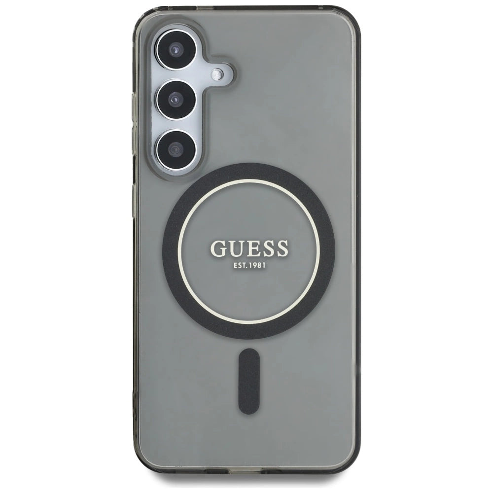Guess Glitter Circle Classic Logo MagSafe-hylster til Samsung Galaxy S25 sort