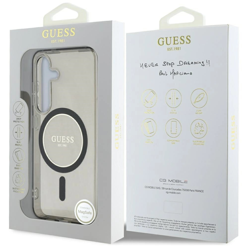 Guess Glitter Circle Classic Logo MagSafe-hylster til Samsung Galaxy S25 sort