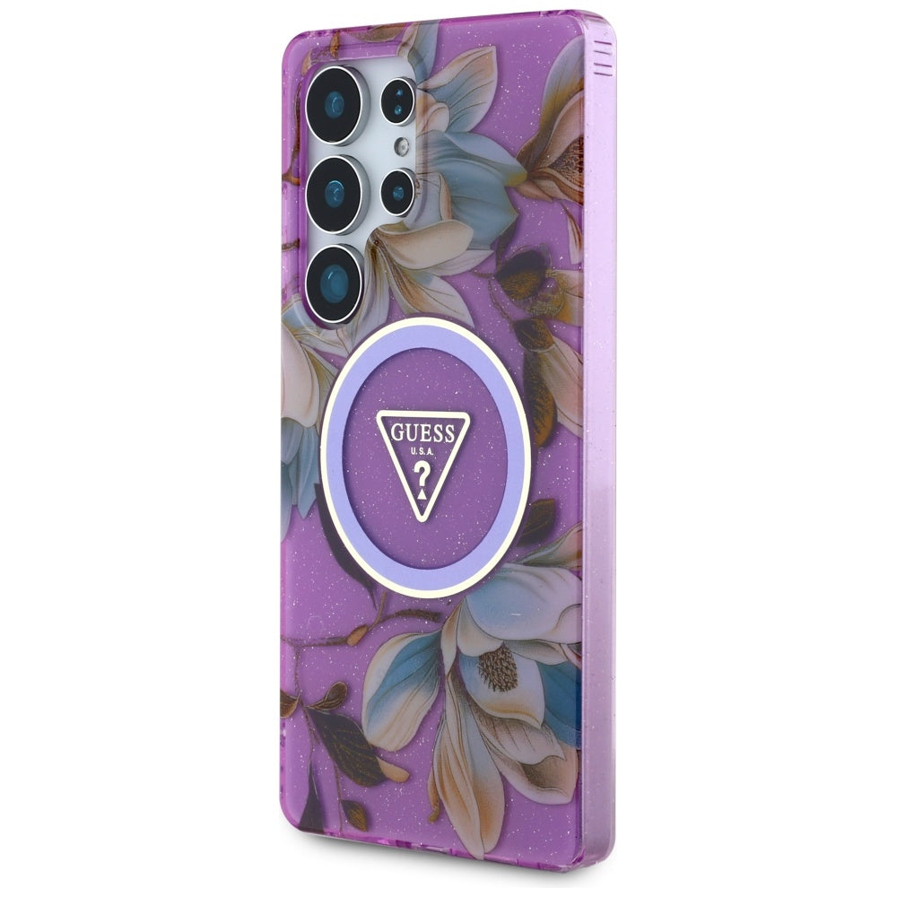 Guess Glitter Flowers Triangle Buttons MagSafe case til Samsung Galaxy S25 Ultra - lilla