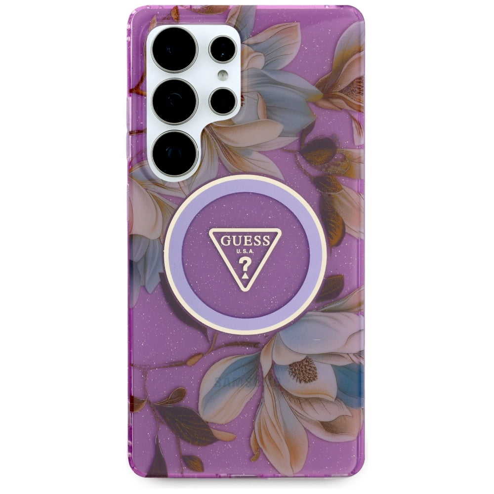 Guess Glitter Flowers Triangle Buttons MagSafe case til Samsung Galaxy S25 Ultra - lilla