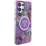 Guess Glitter Flowers Triangle Buttons MagSafe case til Samsung Galaxy S25 Ultra - lilla