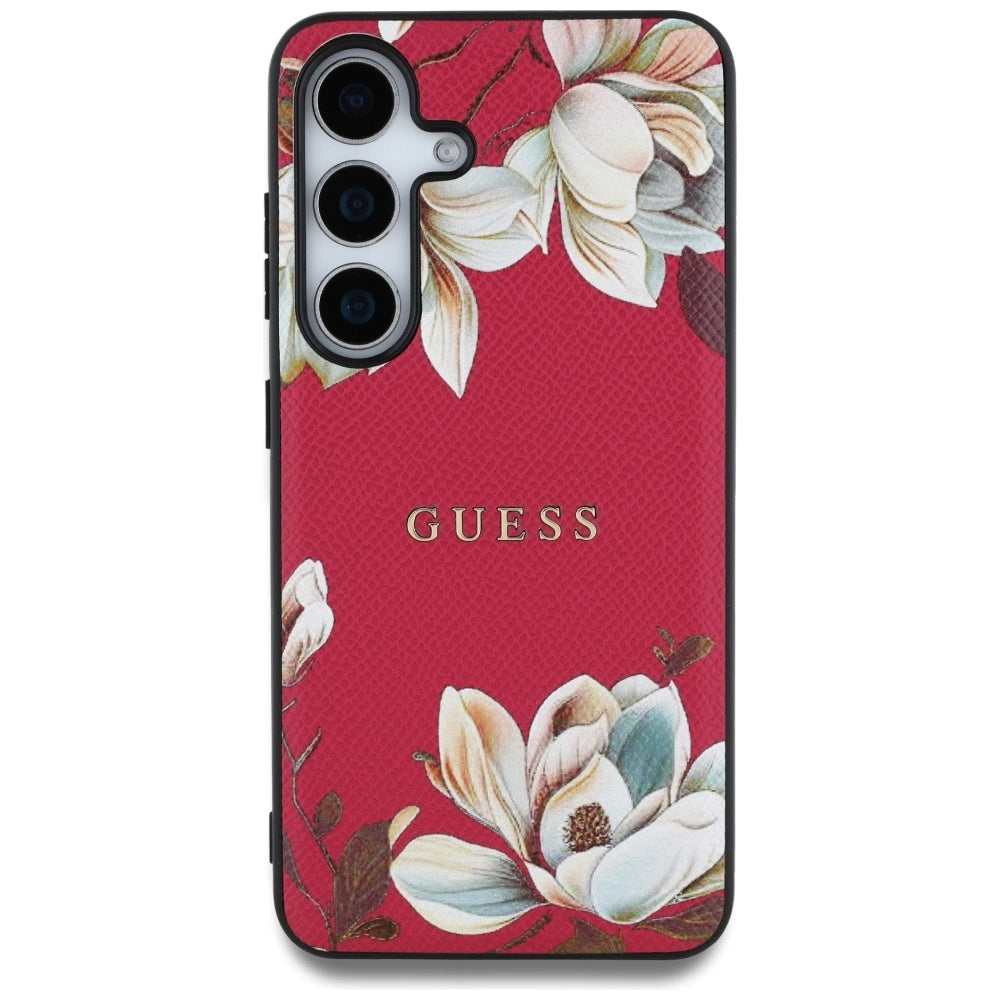 Guess Grained Printed Flower Pattern MagSafe case til Samsung Galaxy S25 fuchsia