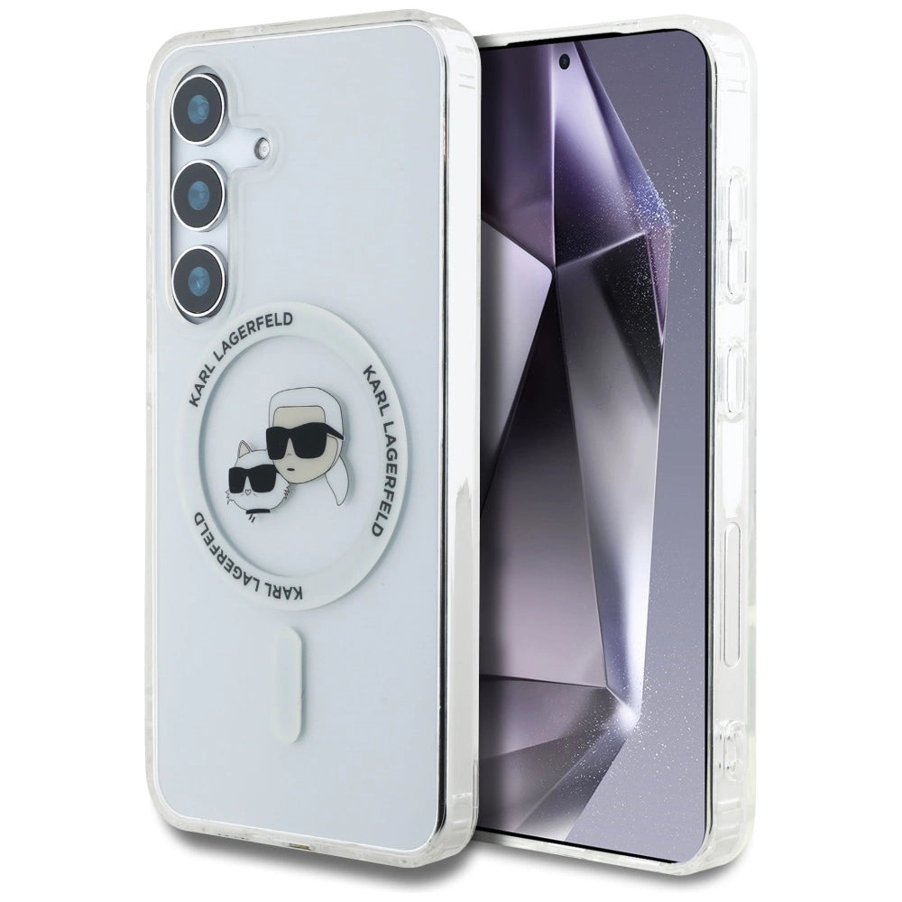 Case Karl Lagerfeld Button Karl & Choupette Heads Printed Logo MagSafe Samsung Galaxy S25 white